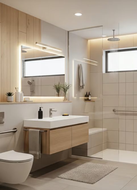 Accessible bathroom with roll-in shower