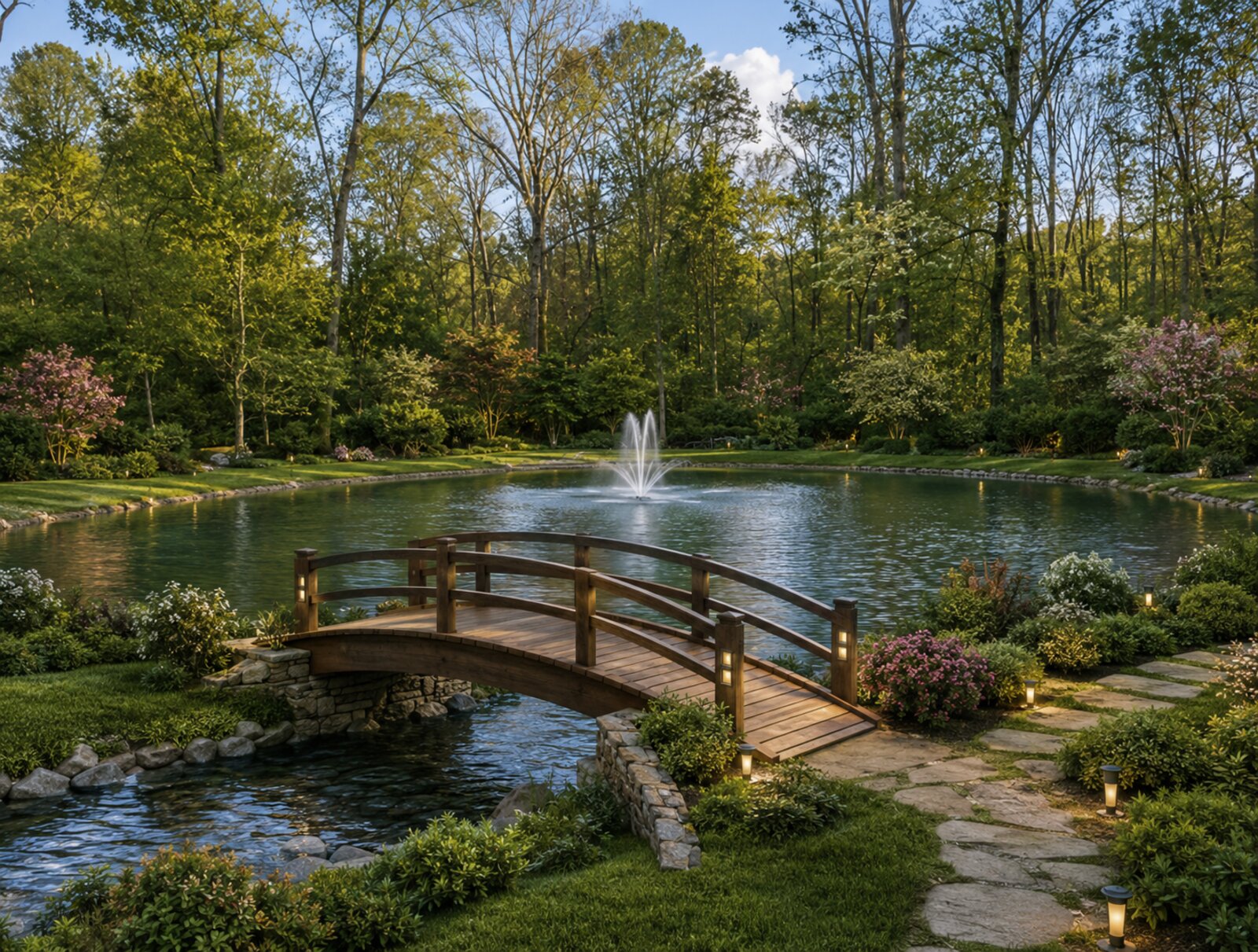 The koi pond and wooden bridge at Serenity Creek