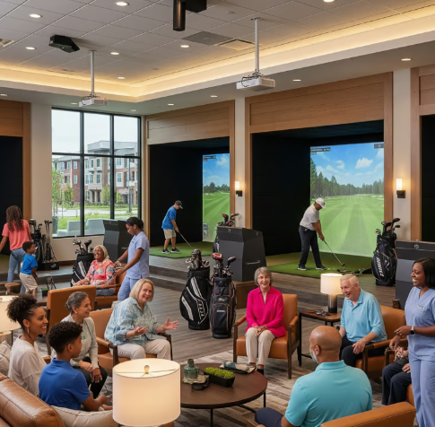Margaret at the golf simulator