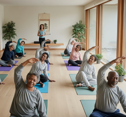 Margaret in a yoga class with friends